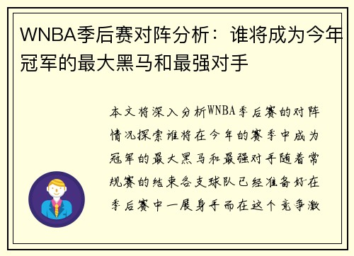 WNBA季后赛对阵分析：谁将成为今年冠军的最大黑马和最强对手