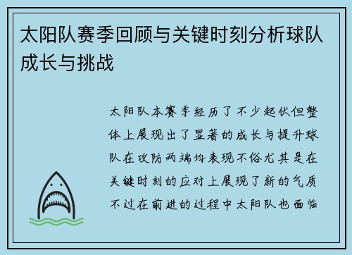 太阳队赛季回顾与关键时刻分析球队成长与挑战