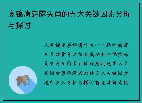 廖锦涛崭露头角的五大关键因素分析与探讨