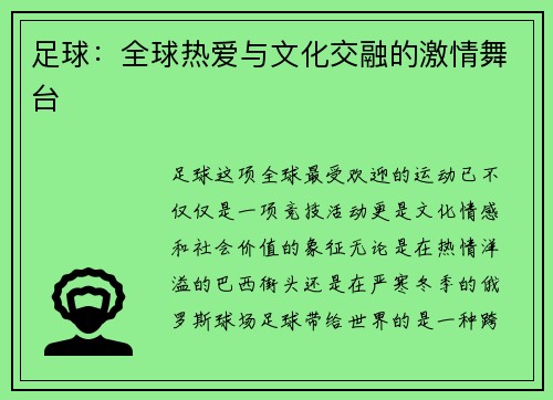 足球：全球热爱与文化交融的激情舞台